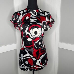 Worthington Blouse Womens Large Red Black Abstract Floral Pleated Cap Sleeve Top